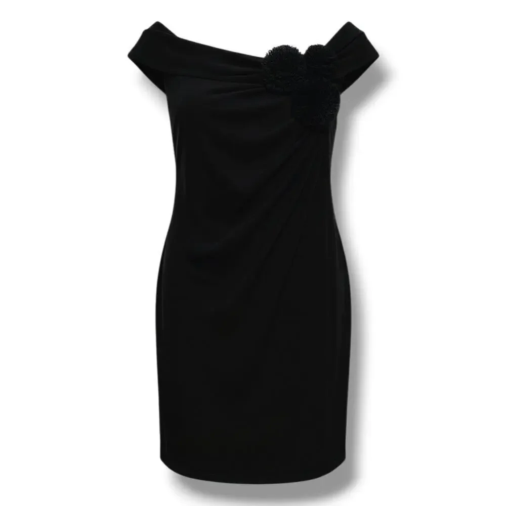 Connected Apparel Women’s Black Off-Shoulder Floral Accent Dress